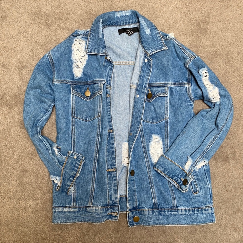 Forever 21 Distressed Denim Jean Jacket